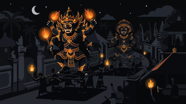 This striking flat design illustration depicts the dramatic Ogoh-Ogoh parade held on Nyepi eve in Bali, with stylized demonic effigies carried through a torchlit village street.