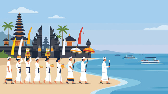 A tranquil flat design illustration depicting a Balinese Melasti purification ceremony, with devotees and priests gathered by the ocean, engaged in sacred rituals.