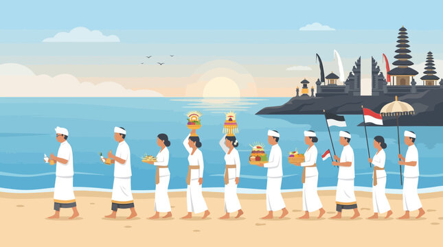 A tranquil flat design illustration depicting a Balinese Melasti purification ceremony, with devotees and priests gathered by the ocean, engaged in sacred rituals.