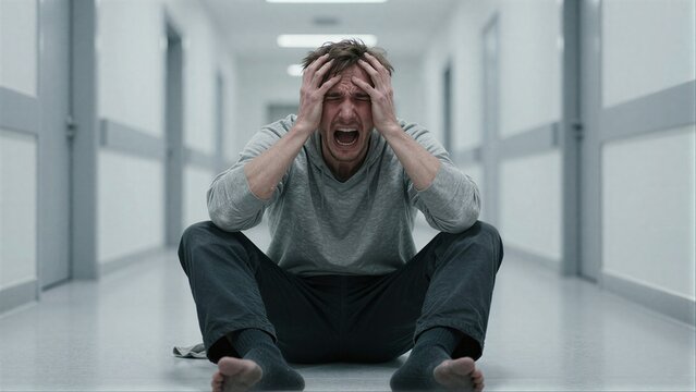 Man screams in hallway, hands on head, showing intense emotional distress.