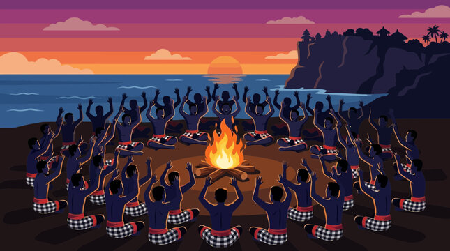 A mesmerizing flat design illustration depicting a Balinese Kecak fire dance performance at sunset, with a circle of male dancers around a central fire.