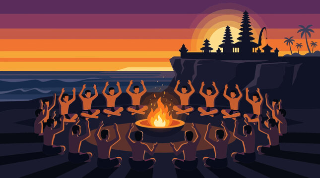 A mesmerizing flat design illustration depicting a Balinese Kecak fire dance performance at sunset, with a circle of male dancers around a central fire.