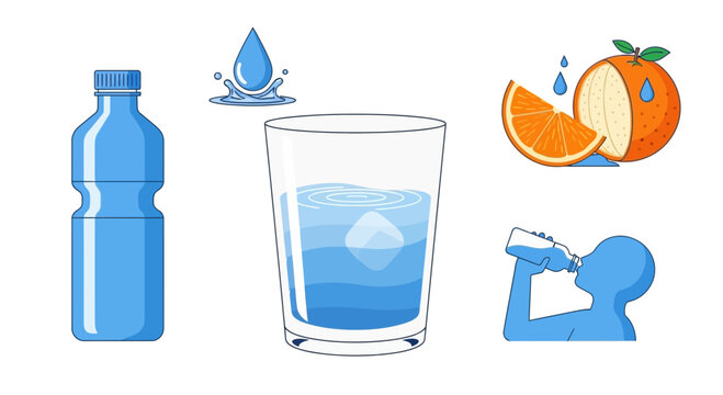 Hydration essentials: water bottle glass with ice orange and person drinking.