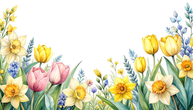 Vibrant Spring Floral Border with Tulips and Daffodils.