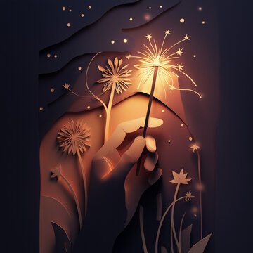 打ち上げ花火と夜の街並み 切り絵イラスト