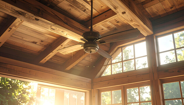Rustic Sunlit Room with Exposed Wooden Beams and Ceiling Fan.