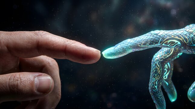 Human and bioluminescent alien fingers touching against a cosmic background