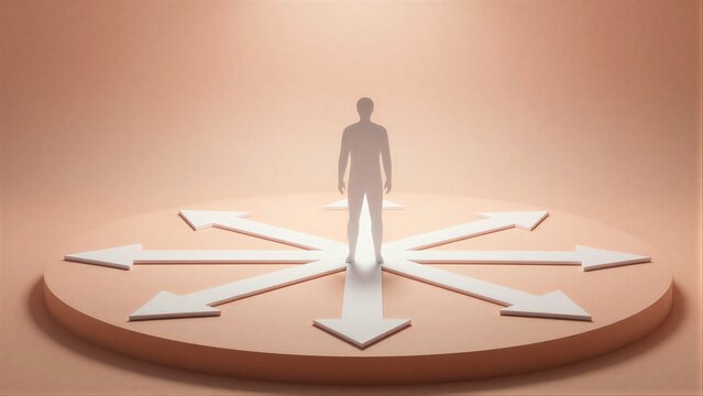 Silhouette stands before arrows, symbolizing choices and life's uncertain path ahead.