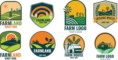 Set of vintage agriculture and farming logo emblems featuring wheat fields barn and silos © nafidie design