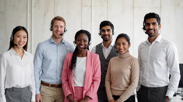 Diverse Customer Service Team Smiling in Modern Office with Headsets