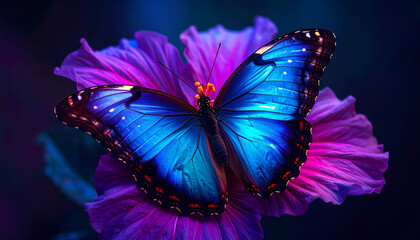 Obraz premium Stunning Blue Morpho Butterfly on Vibrant Purple Hibiscus Flower.