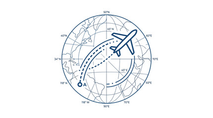 Airplane flying over globe with longitude and latitude lines. © Galih