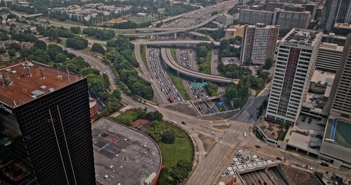 Atlanta Georgia Aerial v898 hyperlapse birds eye view drone flyover interstate freeway capturing traffics and cityscape across Sono, downtown and Sweet Auburn - Shot with Mavic 3 Pro Cine - July 2023