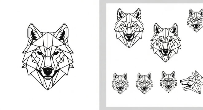 Geometric wolf head linear illustration and logo set