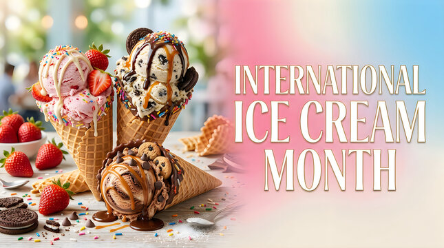 International ice cream month promotion variety of gourmet ice cream cones