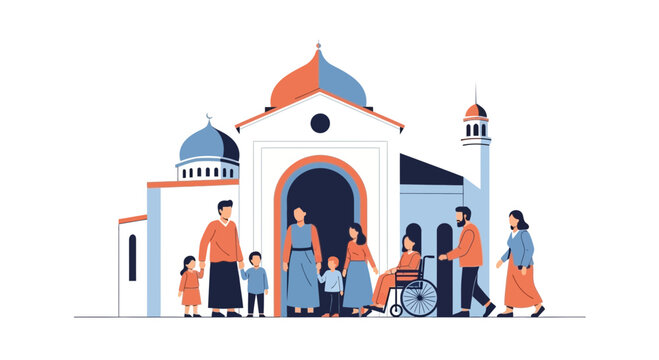 Diverse group of people entering a church building together.