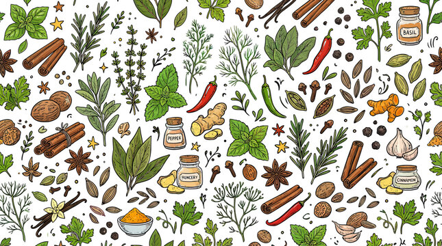 Herbs and Spices Seamless Pattern: Culinary Ingredients Illustration