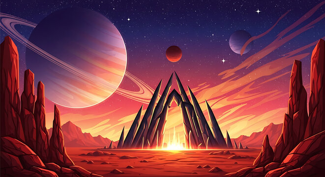 Futuristic alien temple architecture on red planetary surface at sunset with futuristic architecture landscape structure exploration mysterious universe destination monument astronomy