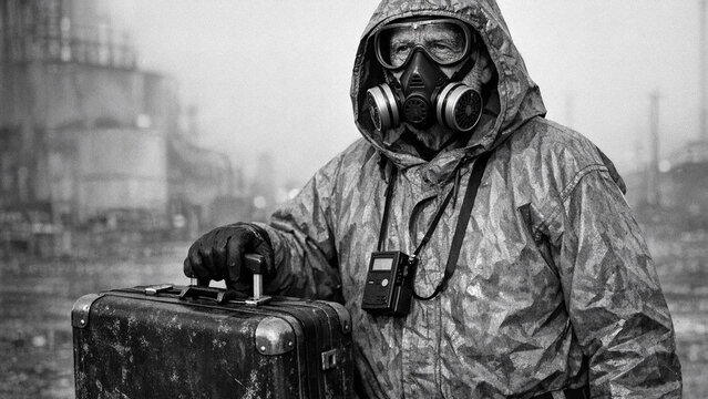 Radiologist in protective suit monitoring nuclear contamination with geiger counter.