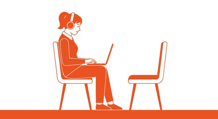 Fototapeta premium Woman with headphones working on laptop by empty chair