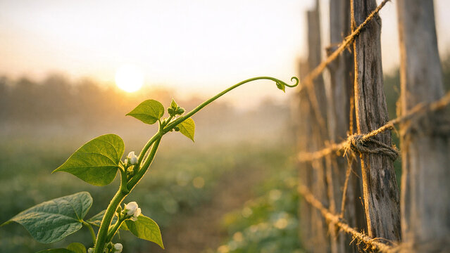 Sunrise in a farm setting with early morning growth of green pepper plants and vines.