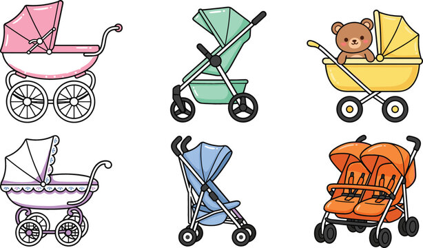 Cute cartoon baby stroller vector set featuring colorful prams carriages and double pushchairs isolated on white background