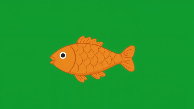 A simple flat vector illustration of a goldfish isolated on a green screen chroma key background.