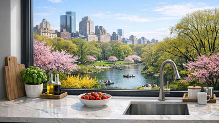 Fototapeta premium Kitchen with window view of NYC skyline and Central Park blooming with spring flowers. Indoor living that combines city life with nature.