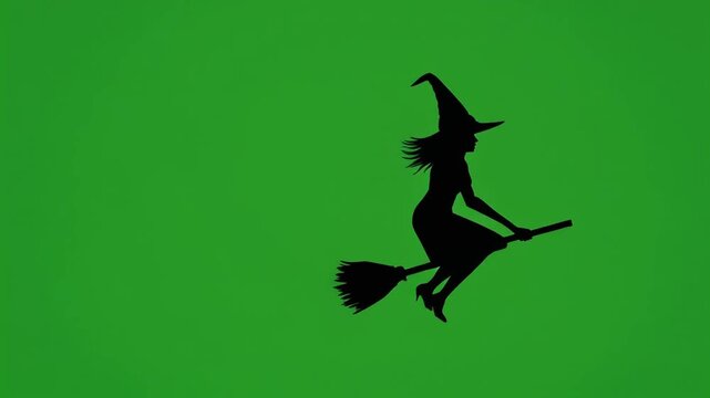 Black silhouette of a witch flying on a broomstick isolated on a green screen chroma key background.