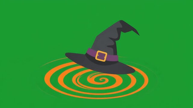 A cartoon witch hat floating in a magical orange swirl isolated on a green screen chroma key background.