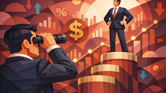 An illustration of a business analyst with binoculars, overseeing his team's work in analyzing the stock market and financial trends.
