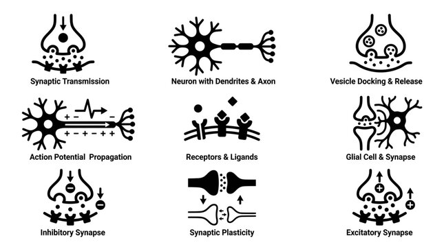 Neuron Synapse Diagram Collection: Synaptic Transmission, Action Potential, Receptors, Glial Cell