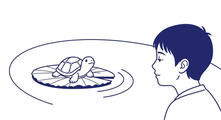 Young boy observing turtle on a lily pad in water © Ahmad