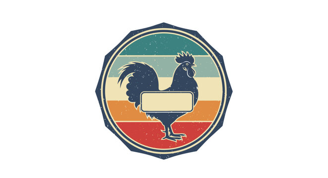 Vintage Gallic rooster silhouette badge with distressed texture and sunset horizontal stripes. Circular decagon emblem featuring a blank banner for text isolated on white.
