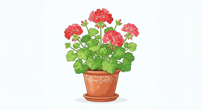 Red Geranium Flowers in Clay Pot Illustration Isolated on White Background