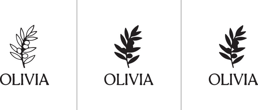 Minimalist olive branch logo set with Olivia text, elegant botanical line art and silhouette icons, organic hand drawn floral branding elements