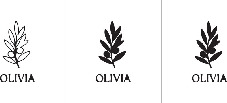 Minimalist olive branch logo set, elegant botanical leaf illustrations with Olivia text, black and white floral vector icons for branding