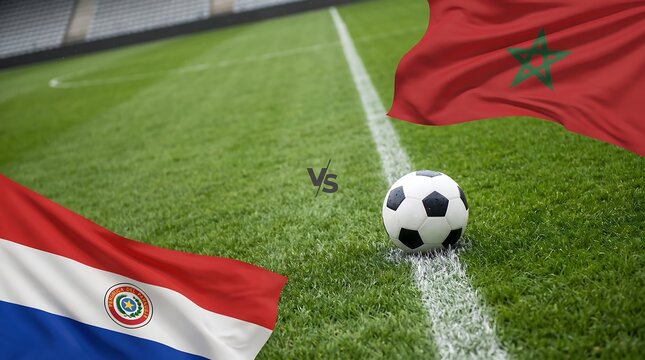 Soccer ball on field with paraguay and morocco flags , Football 2026, Final 2026, Football Final, And, World Cup 2026, World Cup, FIFA World Cup 2026, Football final 2026, Football Grand Final