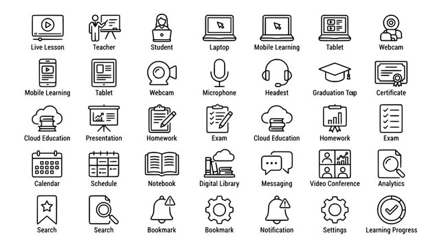 Professional e-learning and distance education thin line icon collection