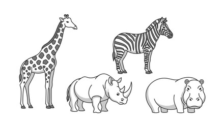 Hand-drawn illustrations of African safari animals: giraffe zebra rhinoceros and hippopotamus. © Arzan