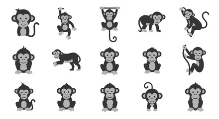 Collection of adorable cartoon monkeys in various poses perfect for childrens designs and animal themes. © Arzan