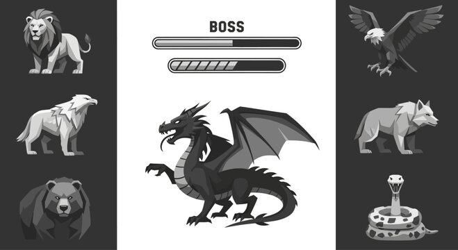 A collection of powerful animal and mythical creature illustrations in a monochromatic style.