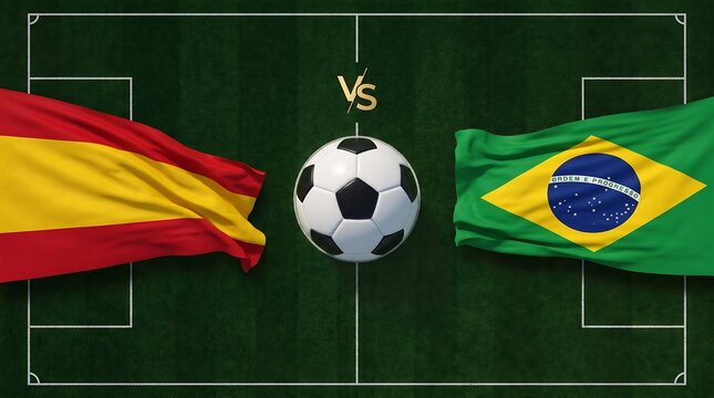 Spain vs Brazil football final match concept with soccer ball and flags on green field
