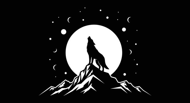 Mystical wolf silhouette howling at a full moon over rugged mountains with stars and crescent moons in the dark night sky.