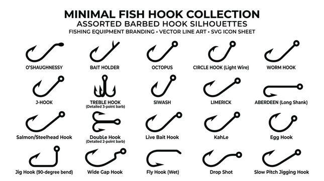 Minimal Fish Hook Collection - Assorted Barbed Fishing Hooks Silhouettes Icons