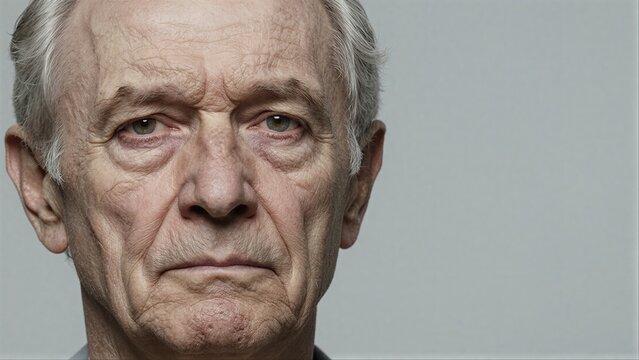 Close-up of elderly man with gray hair and deep wrinkles, serious expression.