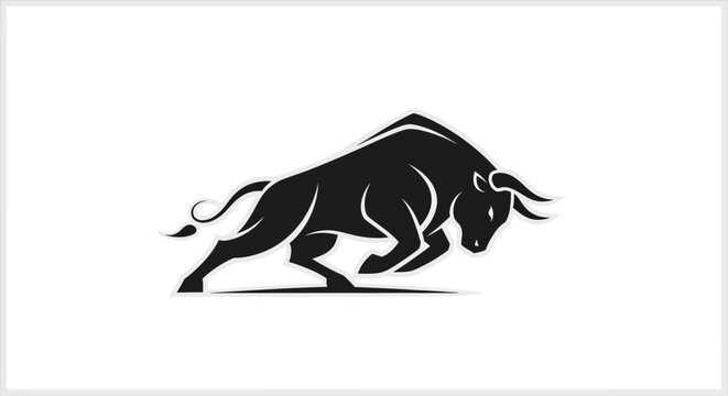 Dynamic black bull silhouette charging forward with powerful strength and an aggressive stance, representing energy and determination.
