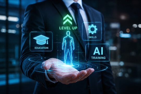 Businessman holding digital hologram for career growth, education, skills, and AI training with level up concept for human resources development and personal improvement in futuristic style