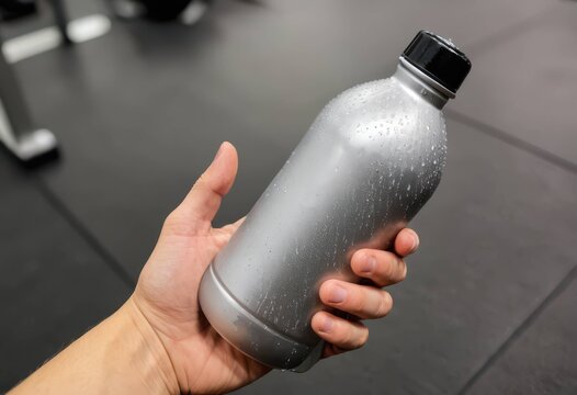 Hand holding a cold, wet, silver water bottle against a modern dark background