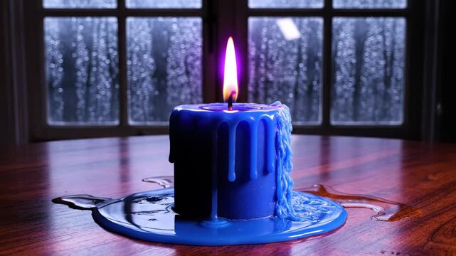 Melting blue pillar candle with a purple flame on a polished wooden table against a background of a window with raindrops at night, blue wax dripping and pooling on the wood.